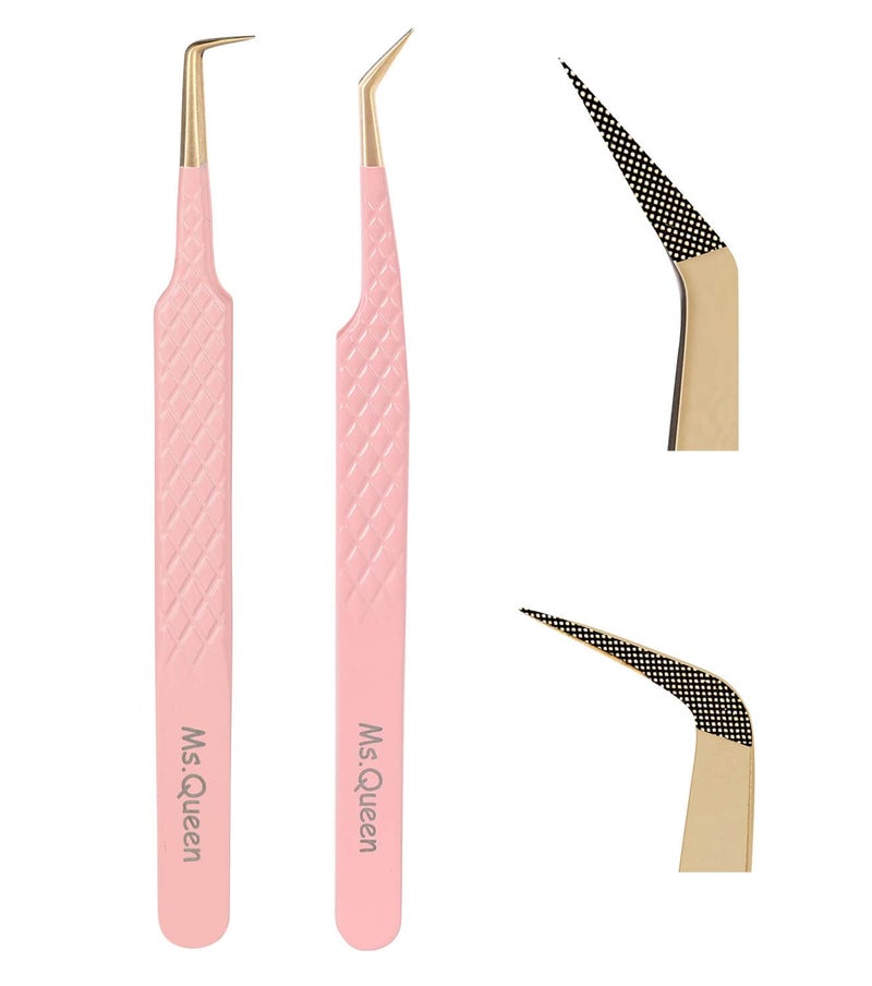 MsQueen Eyelash Tweezers SetProfessional 2Pcs Fiber Tip 45 90 Degree Mega Volume Lash Extension Tweezers